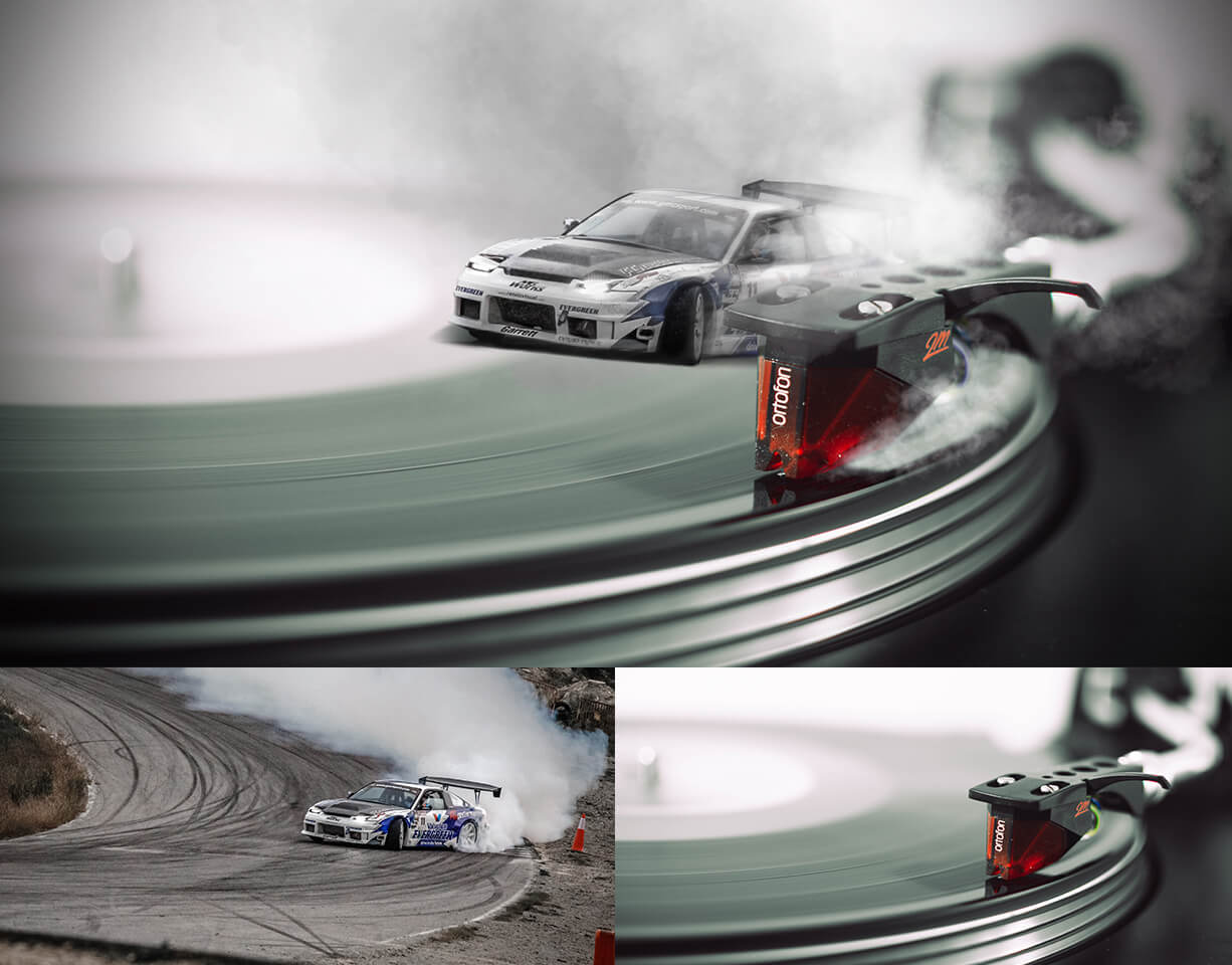 Photomontage sur le thème de la musique, course poursuite sur un vinyl.