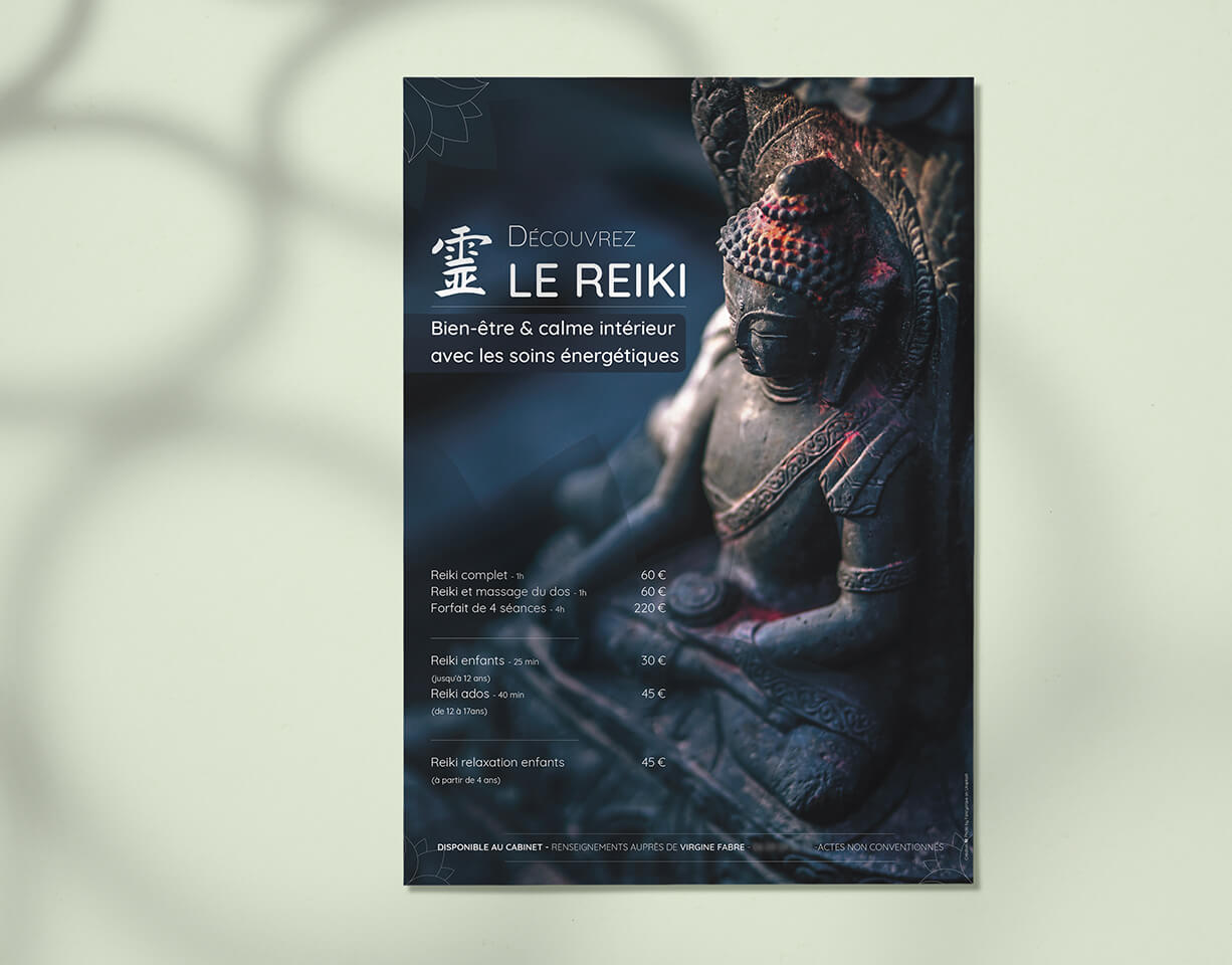 Affiche pour des soins de relaxation basés sur le reiki.