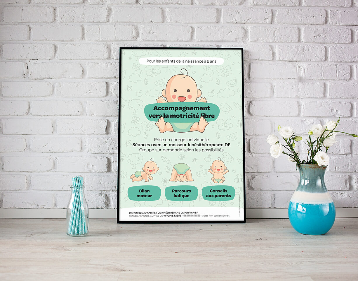 Affiche pour des cours de mobilité pour bébé.