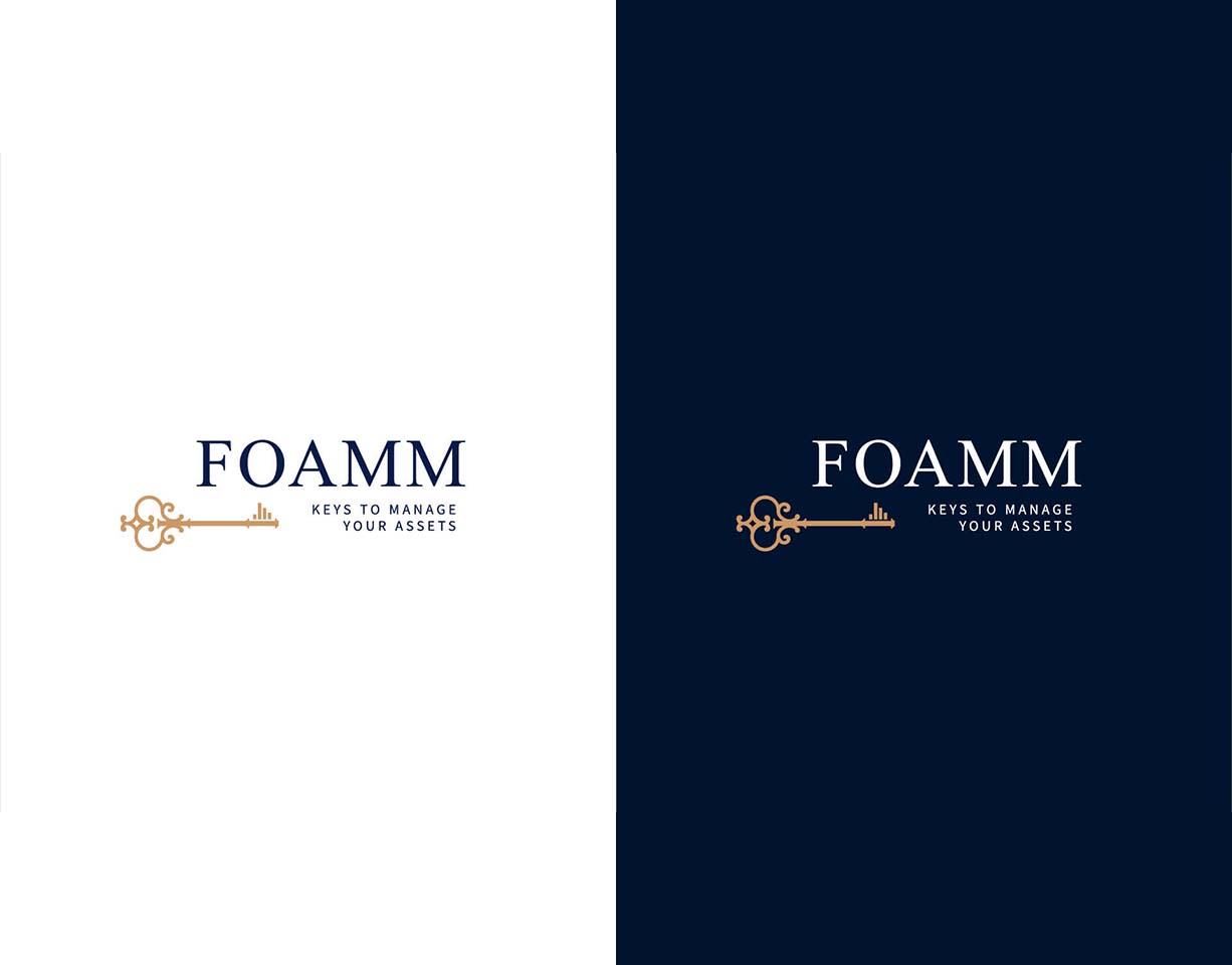 Deux logos foamm avec son icon clé, l'un sur fond bleu, l'autre sur fond blanc.