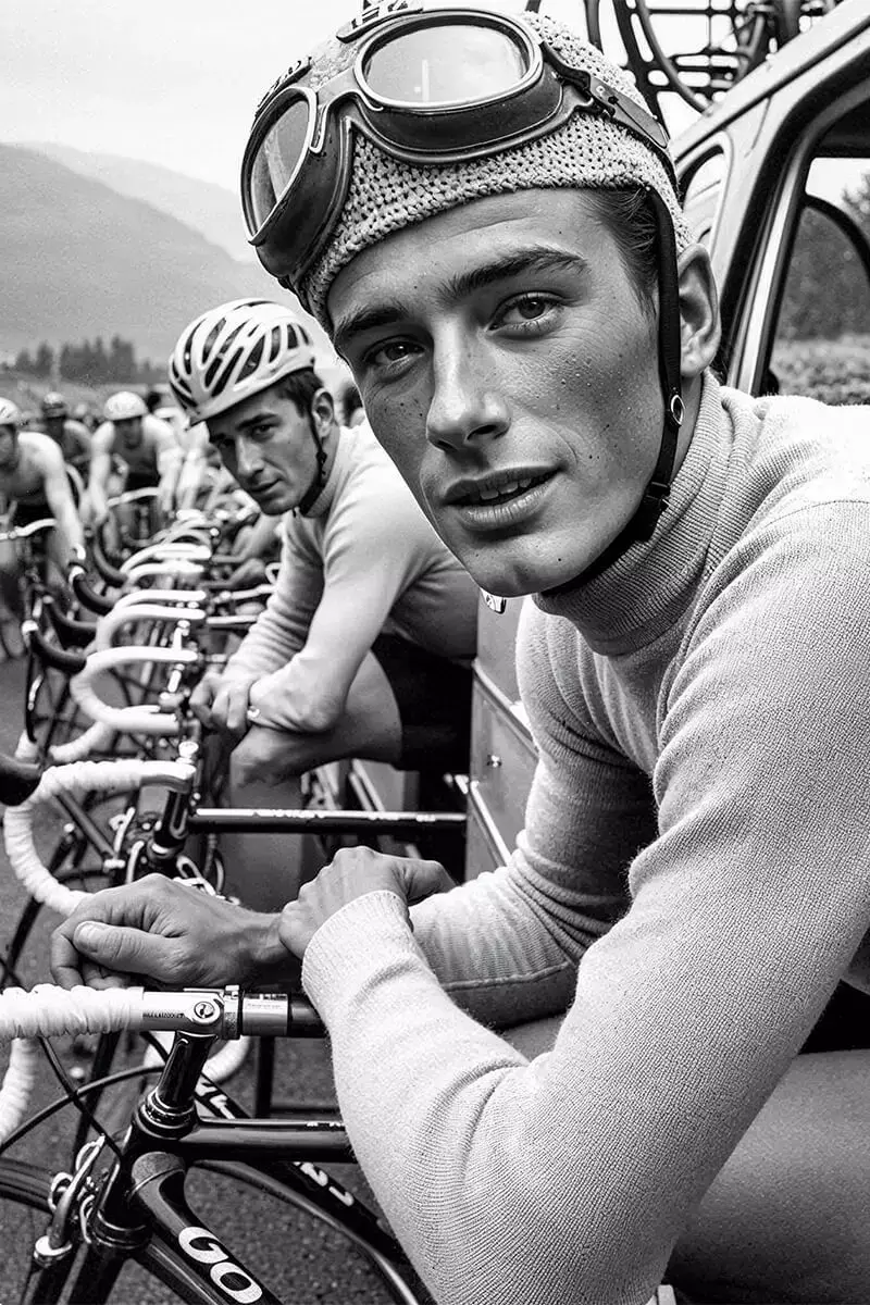 Portrait d'un cycliste appuyé sur son guidon dans un peloton avant le départ. Noir et blanc vintage.