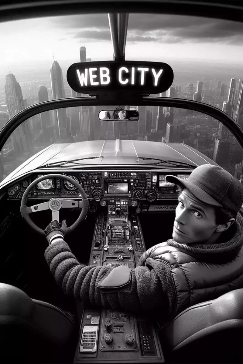 Marty McFly dans une voiture volante, tourné vers nous. Noir et blanc.