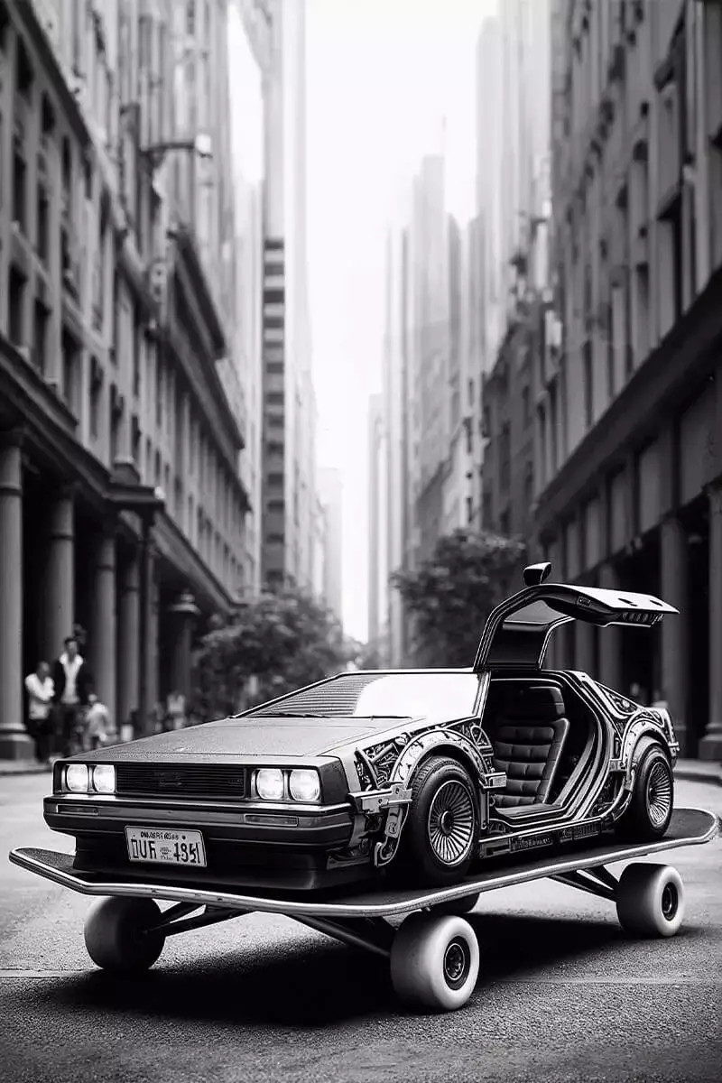 La DeLorean de Retour vers le futur posée sur un skateboard géant dans un paysage urbain. Noir et blanc.