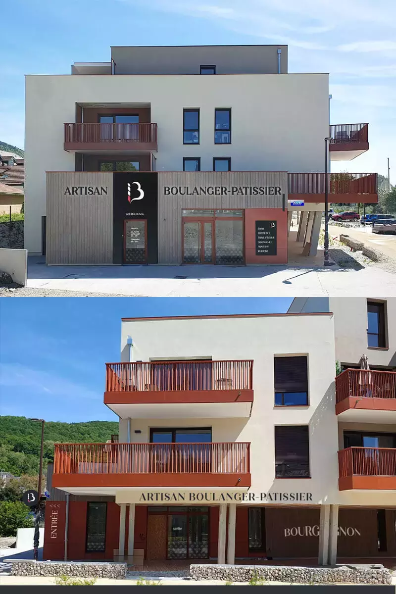 Projet d'enseigne et signalétique extérieure pour la boulangerie Bourguignon.