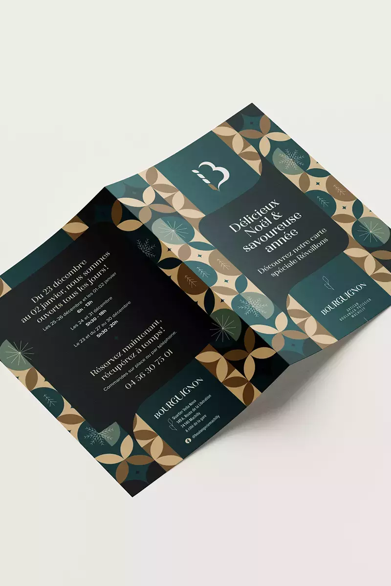 Extérieur du flyer de fin d'année pour la boulangerie Bourguignon.