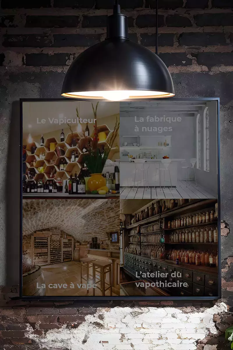 Lampe suspendue dans un bureau avec, en arrière-plan, un tableau récapitulatif de quatre idées.