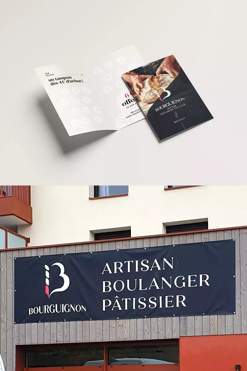 Bâche provisoire et carte de visite conçues pour la boulangerie Bourguignon.