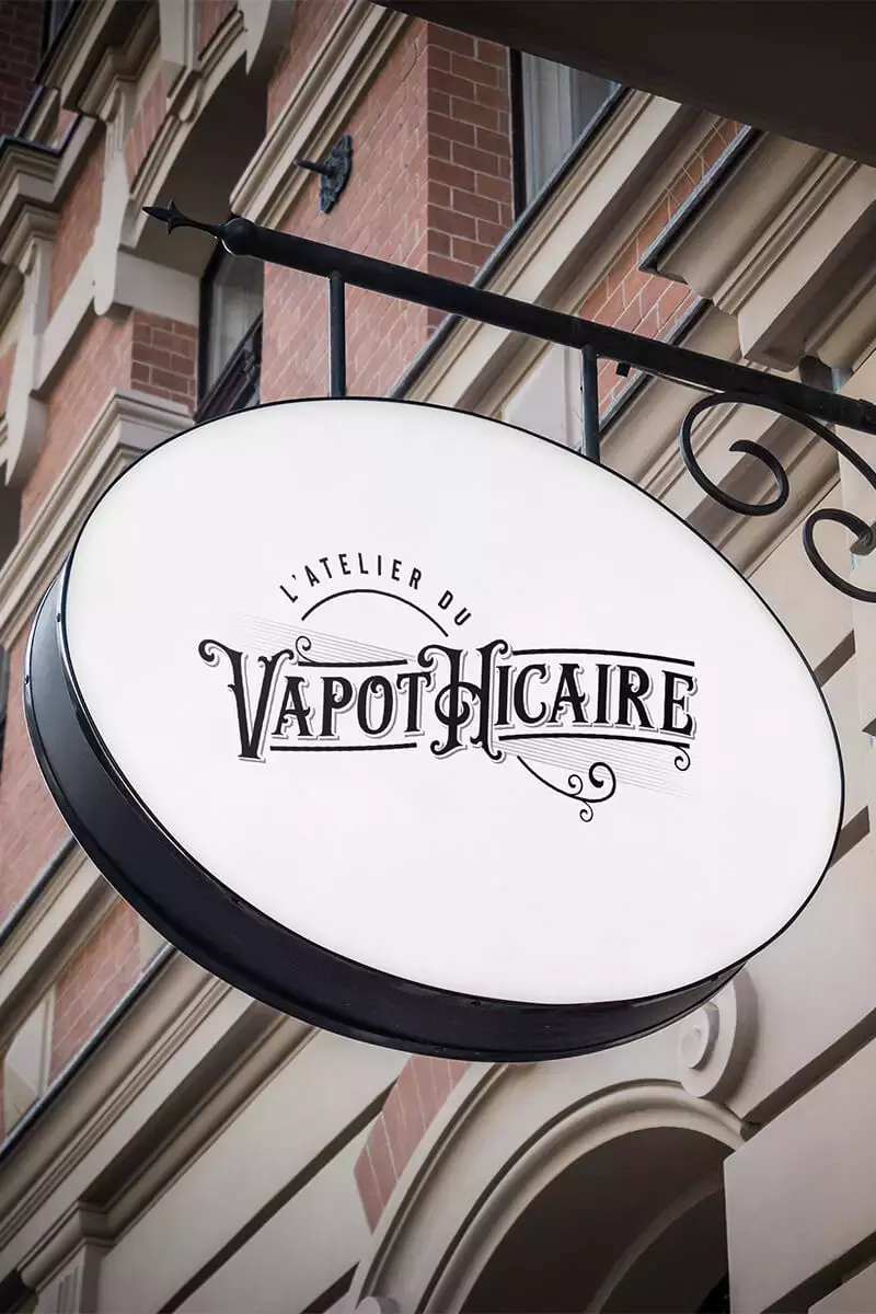 Proposition graphique de logo Vapothicaire sur une enseigne drapeau.
