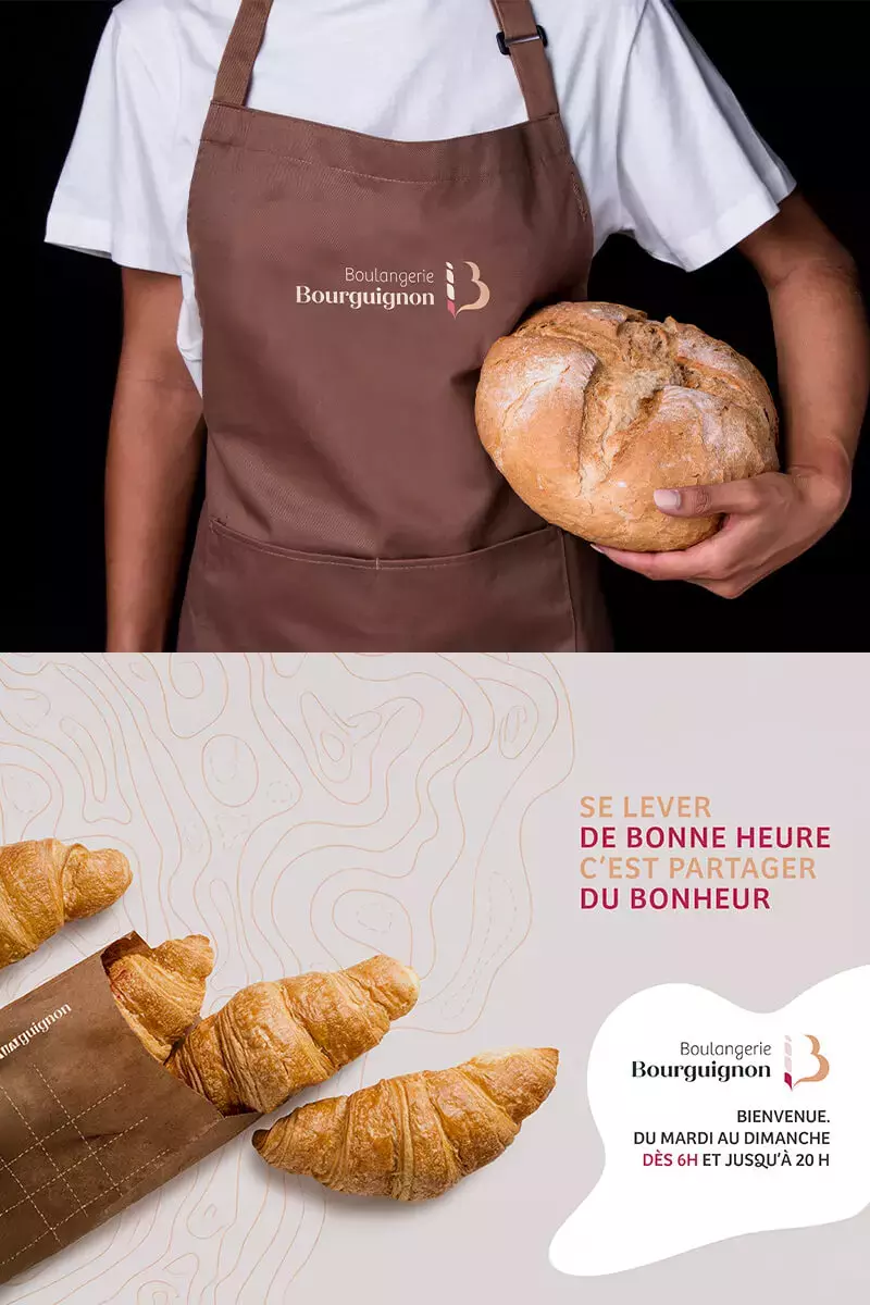 Logo moderne Bourguignon sur tablier et affiche horizontale.