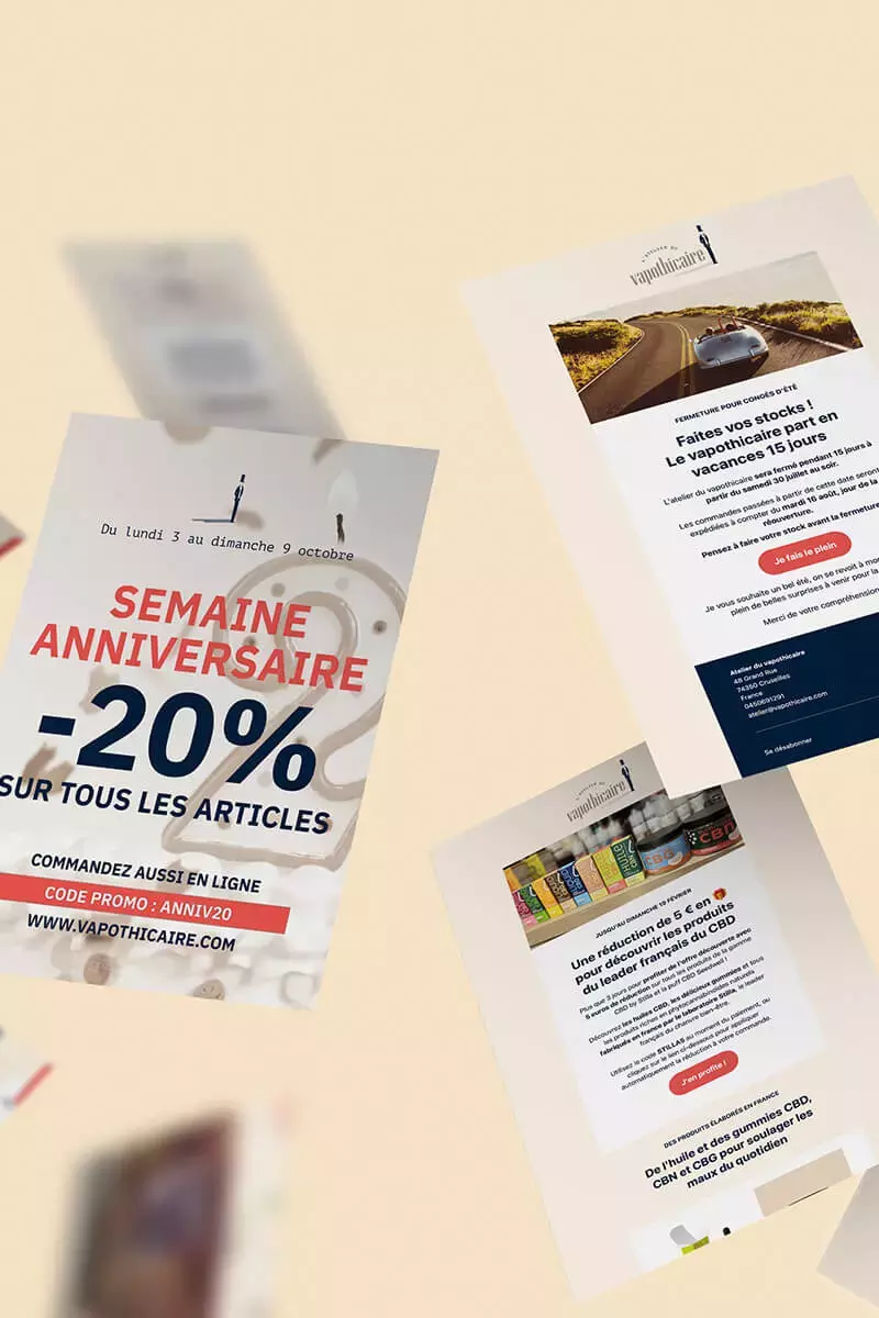 Visuels marketing pour des newletters et opérations du vapothicaire.