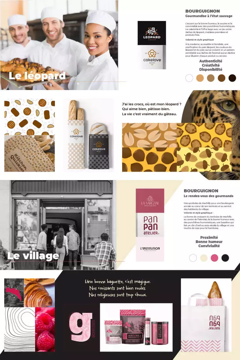 Concepts graphiques "Léopard" et "Village" pour la boulangerie Bourguignon.